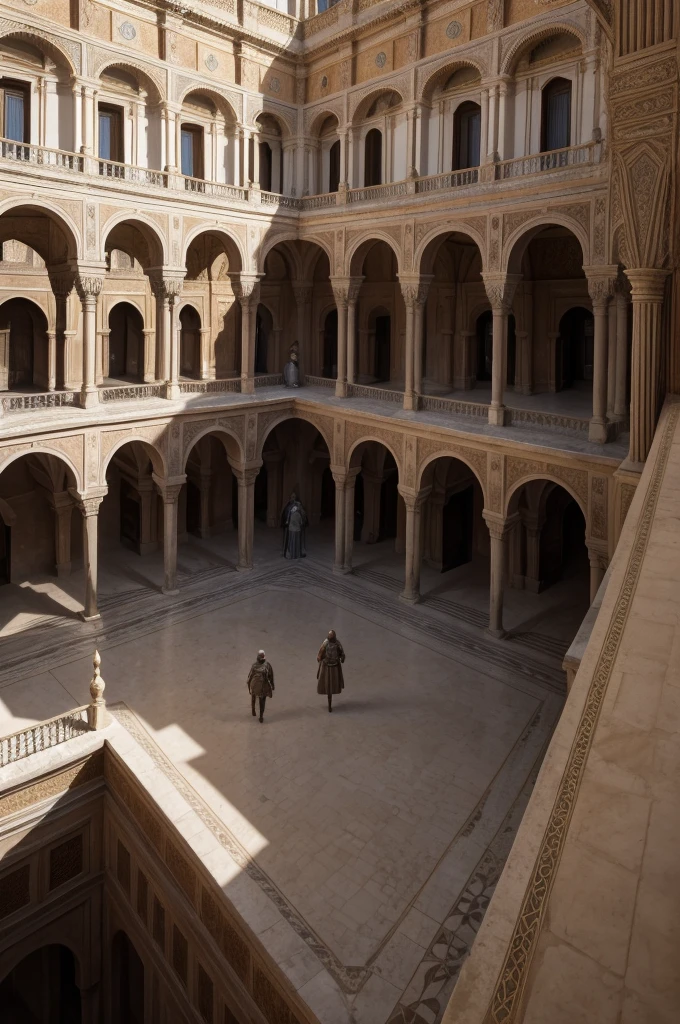 Reino Mediovale , located in a desert, Mediovale, kingdom of Dorne from Game of thrones (TV series), reino Mediovale,high détail, sharp focus, Dramatic, Alcazar Palace in Seville, realisitic, viewed from the top