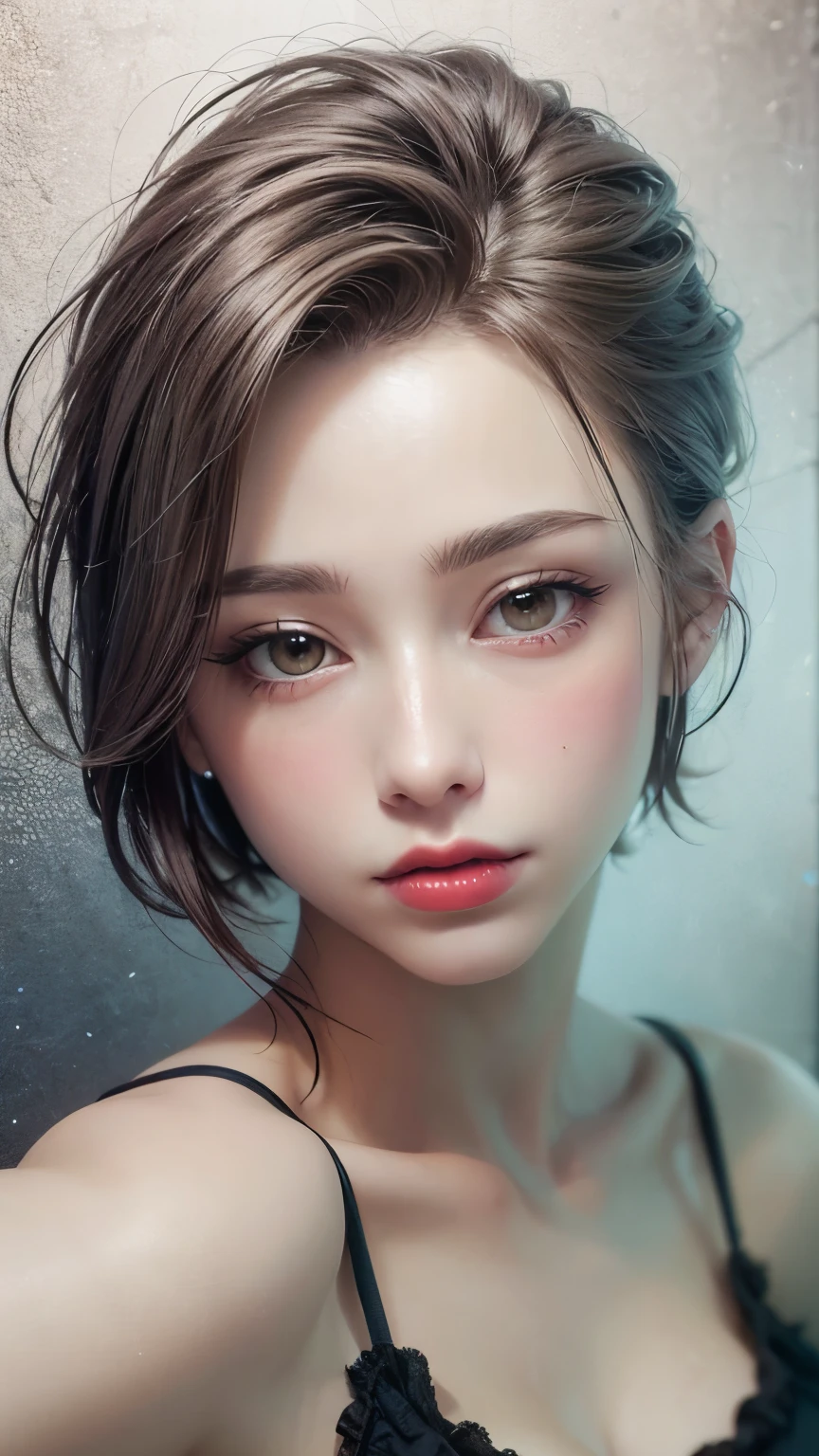Masterpiece hyperrealist & Photorealistic beautiful girl, Realistic Skin (Pore-filled skin) Short Bob Cut Hair, Realistic red lips,Punk Girl, (head shot:1.5),Shorts