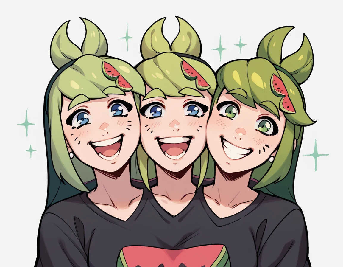 Melony, happy, portrait, green hair, watermelon hair clip, ((two heads))