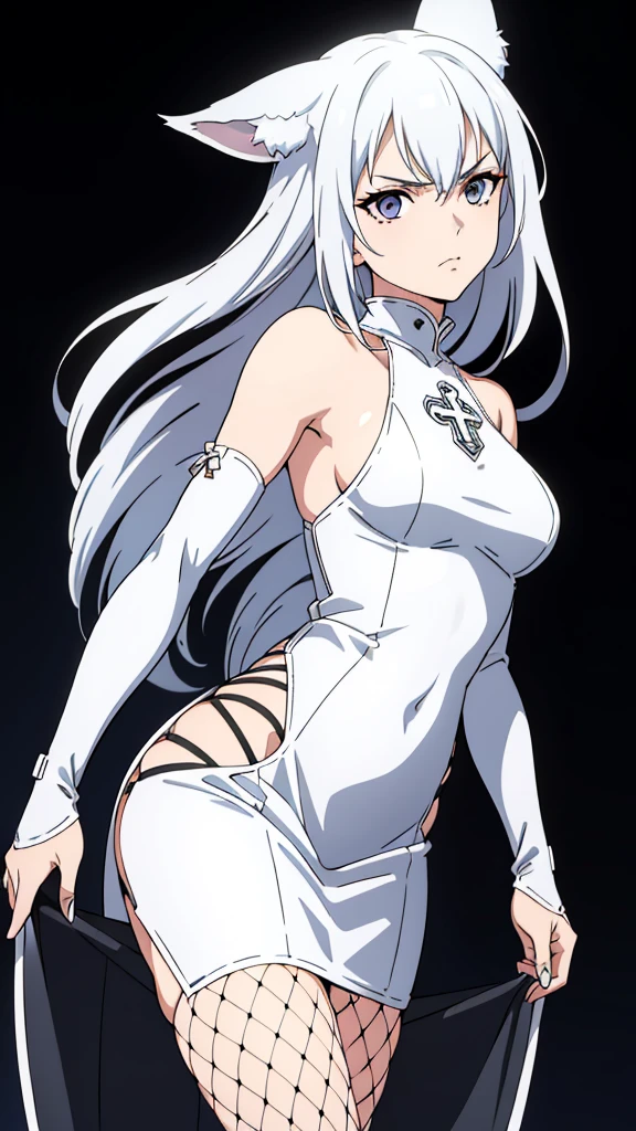 1girl ,solo,20s,mature female,serious face,white hair,long hair,fox ears,(simple background),white latex dress, sideless outfit, arm guards, latex thighihighs, fishnets, cross-laced clothes