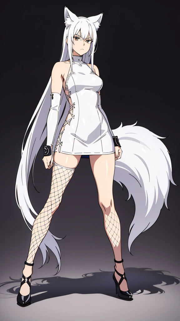 1girl ,solo,20s,mature female,serious face,white hair,long hair,fox ears,(simple background),white latex dress, sideless outfit, arm guards, latex thighihighs, fishnets, cross-laced clothes
