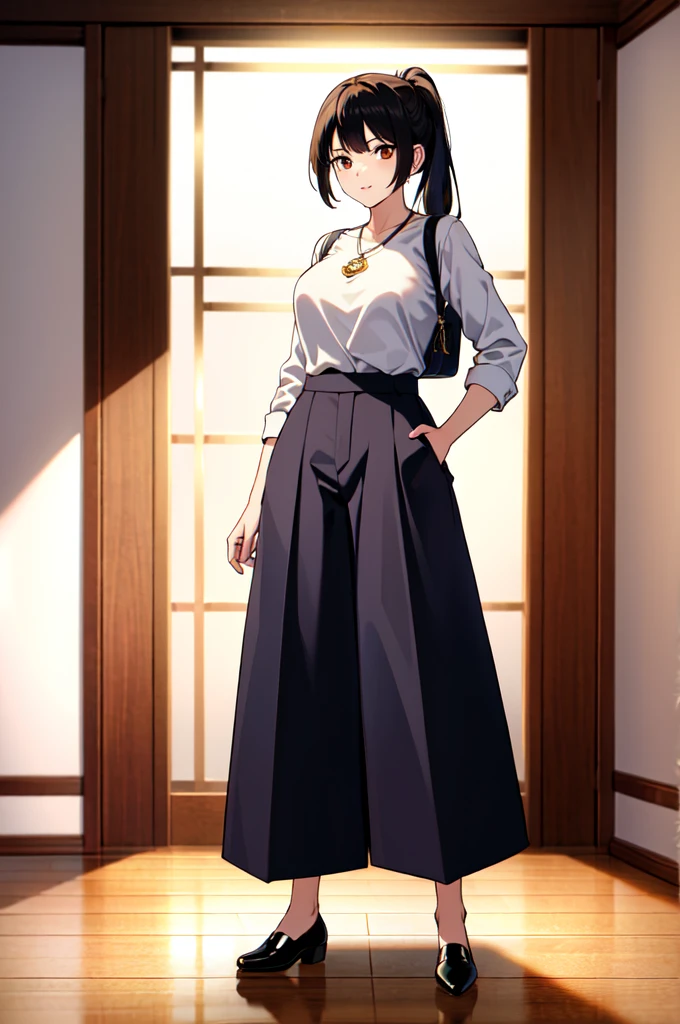 masterpiece, 32k, extremely detailed, finely detail, intricate details,
BREAK
(absurdres:1.1, highres:1.1, ultra detailed:1.1),
insanely detailed, absurdres,
(high resolution:1.1, ray tracing:1.1, refraction:1.1)
(1 female, 独奏:1.3),
BREAK
perfect symmetrical face, pony tail, (((Casual wear))), (((Wide-leg trousers)))
BREAK
(((full body))), standing,
BREAK
