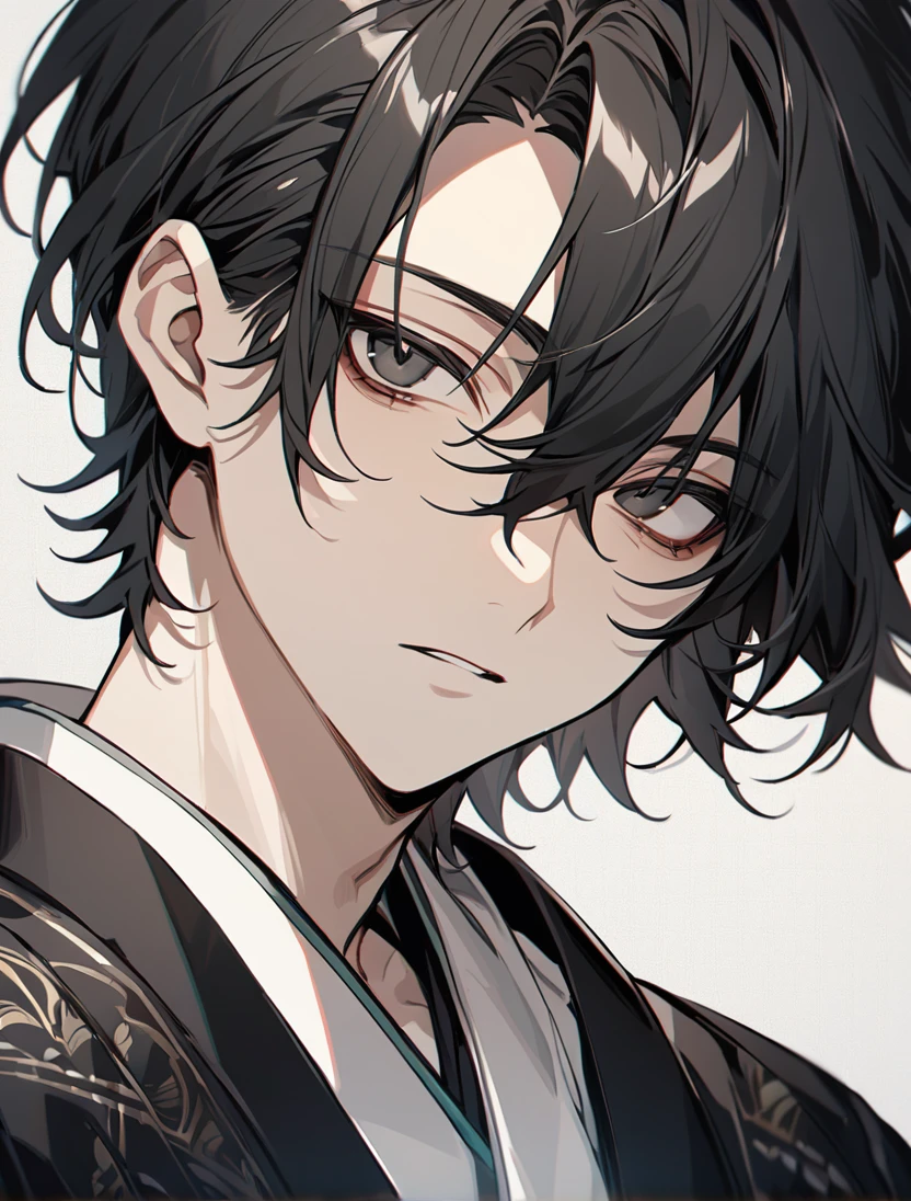 (black_hair), (short_hair), (deep_black_eyes), (Handsome), (Attractive), (male), (black_colored_kimono), (detailed_Hair), (detailed), (detailed_mouth), (), (dark_under_eyes), (gem_like_eyes), (whole_upper_body_image)
