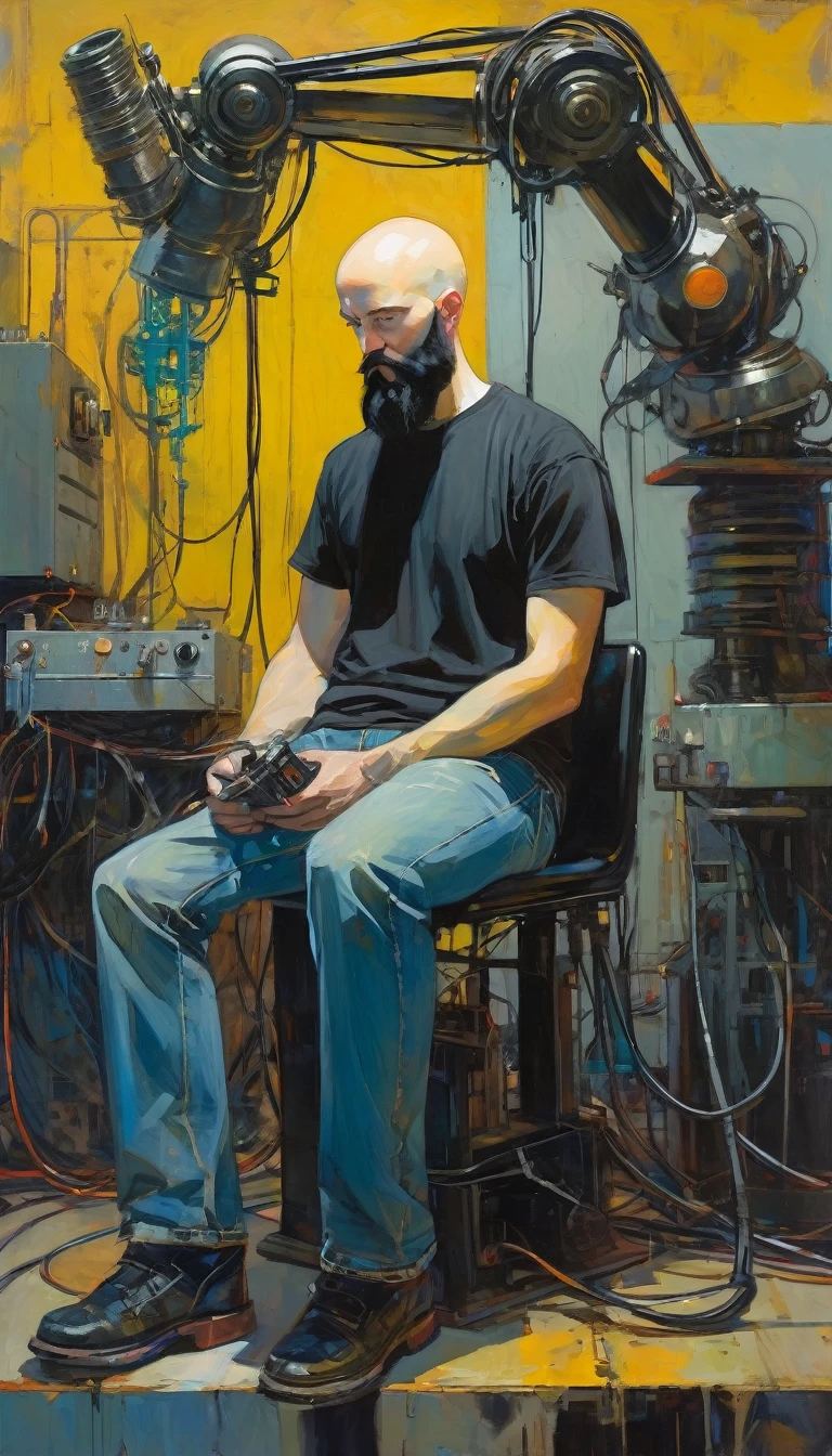bald young man with black beard and very thin, jeans and black t-shirt, robotic arms, robotic parts, plugged into machinery, recharging, (art inspired by Bill Sienkiewicz). oil painting)