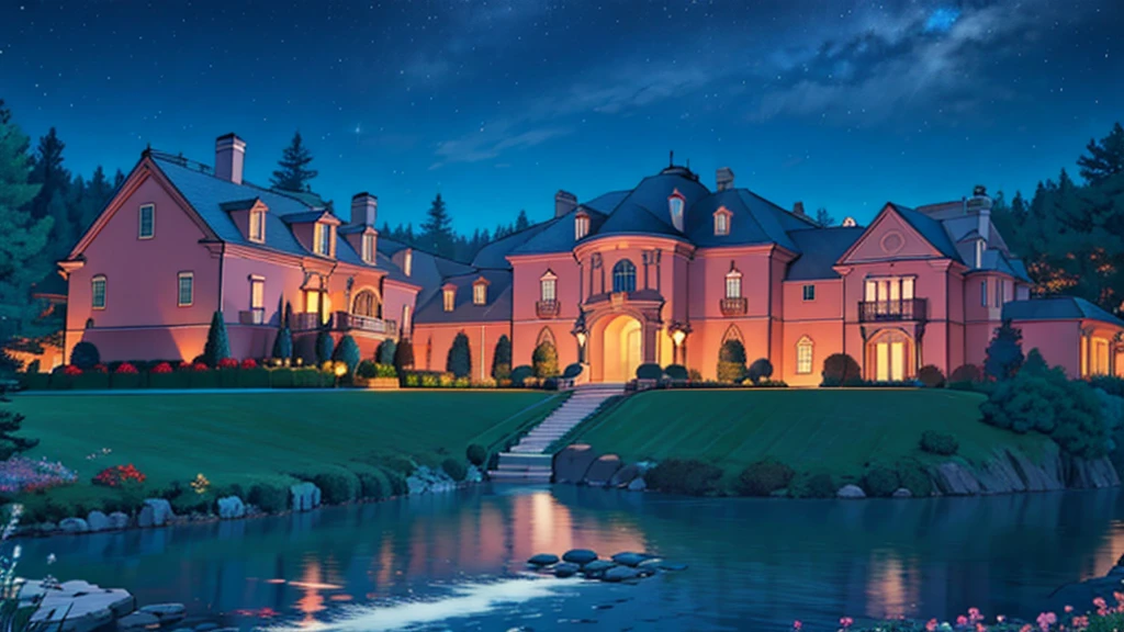 a luxurious billionaire mansion at night, no humans, no persons