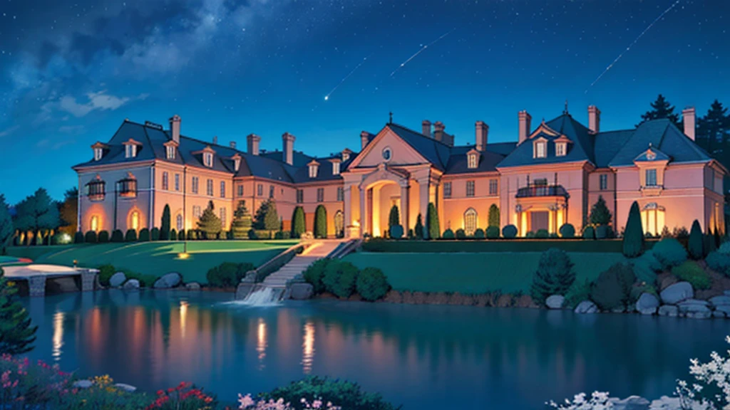 a luxurious billionaire mansion at night, no humans, no persons