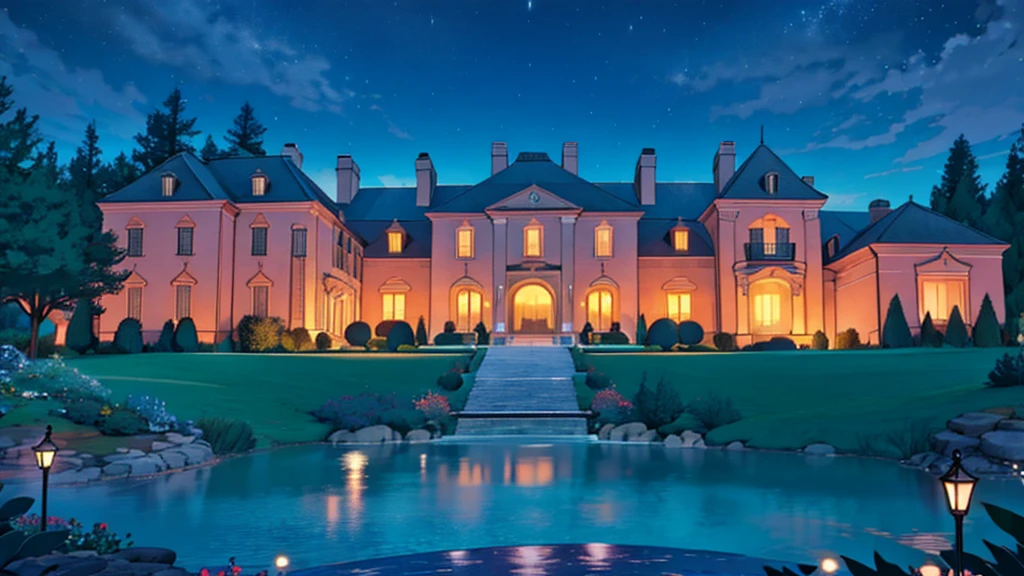 a luxurious billionaire mansion at night, no humans, no persons