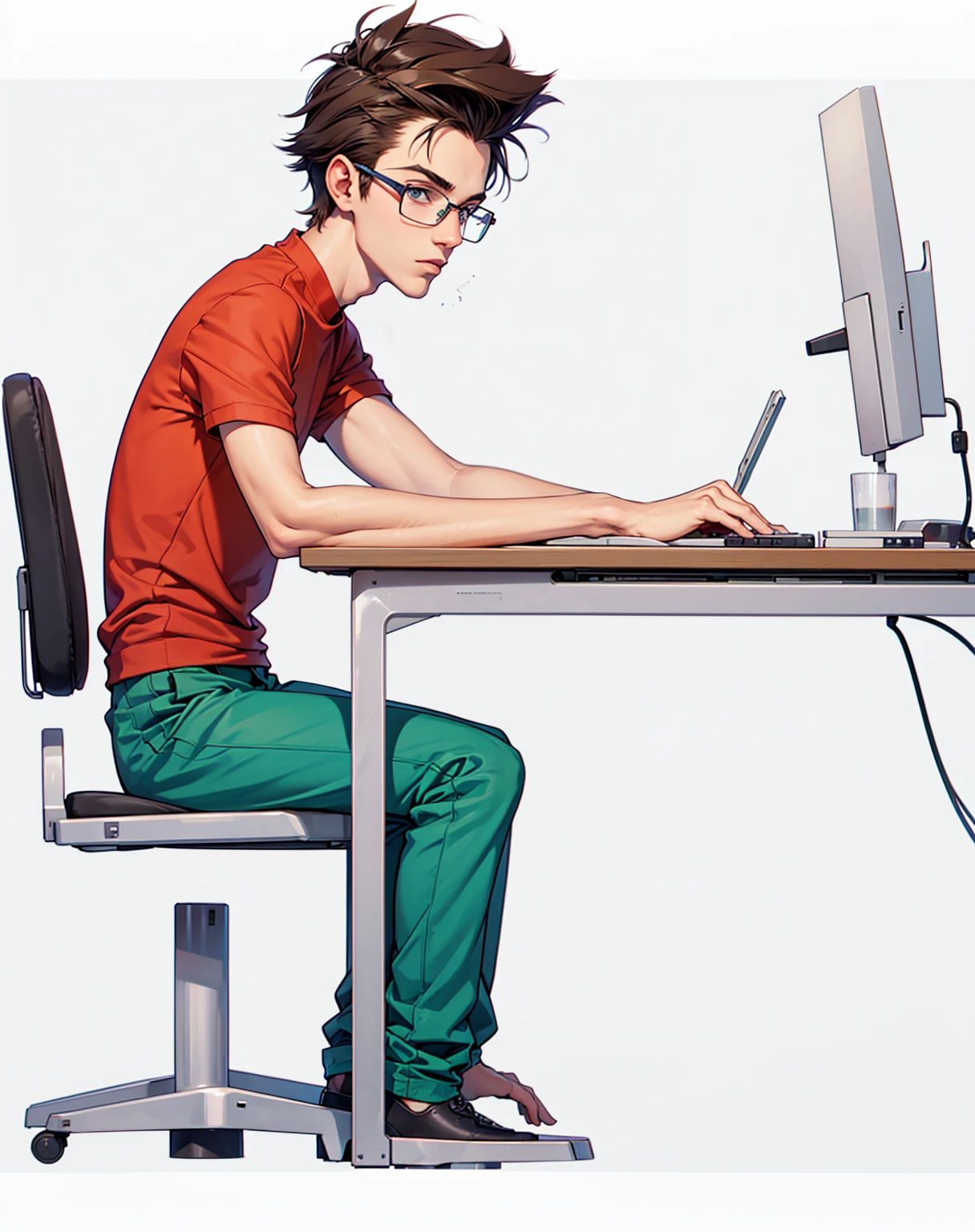 19 year old skinny nerdy boy typing on his computer