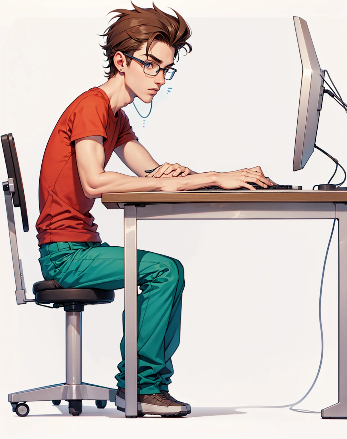 19 year old skinny nerdy boy typing on his computer