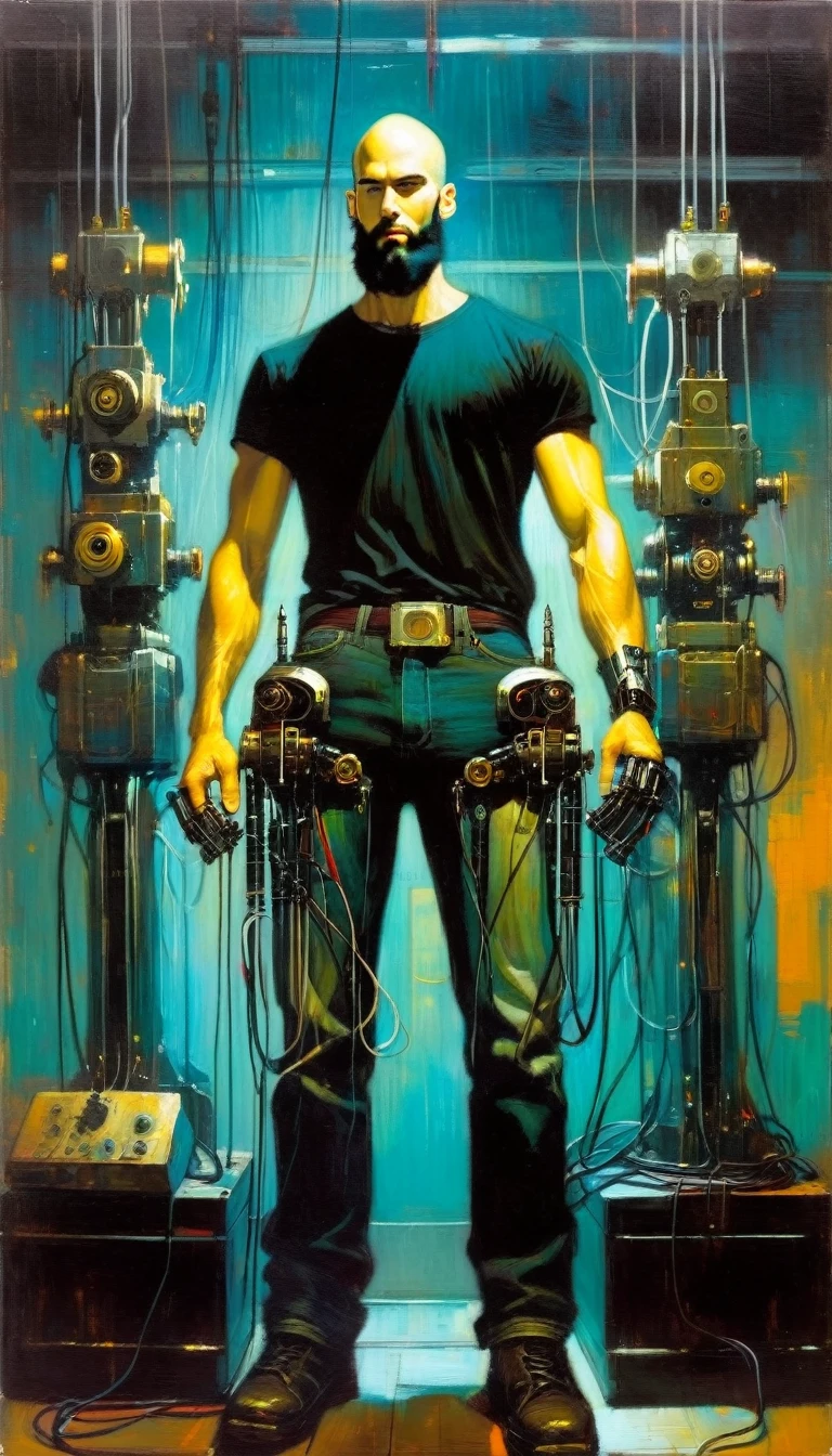 bald young man with black beard and very thin, jeans and black t-shirt, robotic arms, robotic parts, plugged into machinery, recharging, (art inspired by Bill Sienkiewicz). oil painting)