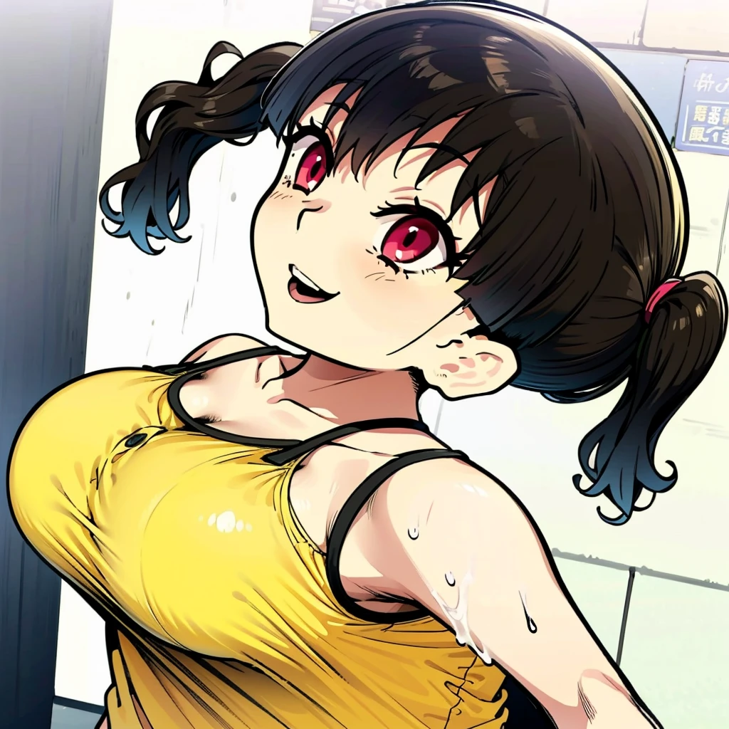 gesugaoでtitfuckをするsasaki kanna, Yellow Tank Top, underboob, Sweat, Black hair twin tails, Guess face, smile, crazy Smile, 勝ち誇ったsmile, Pushing her big breasts together, Her body is like that of a slender elementary school student, but her breasts are large.