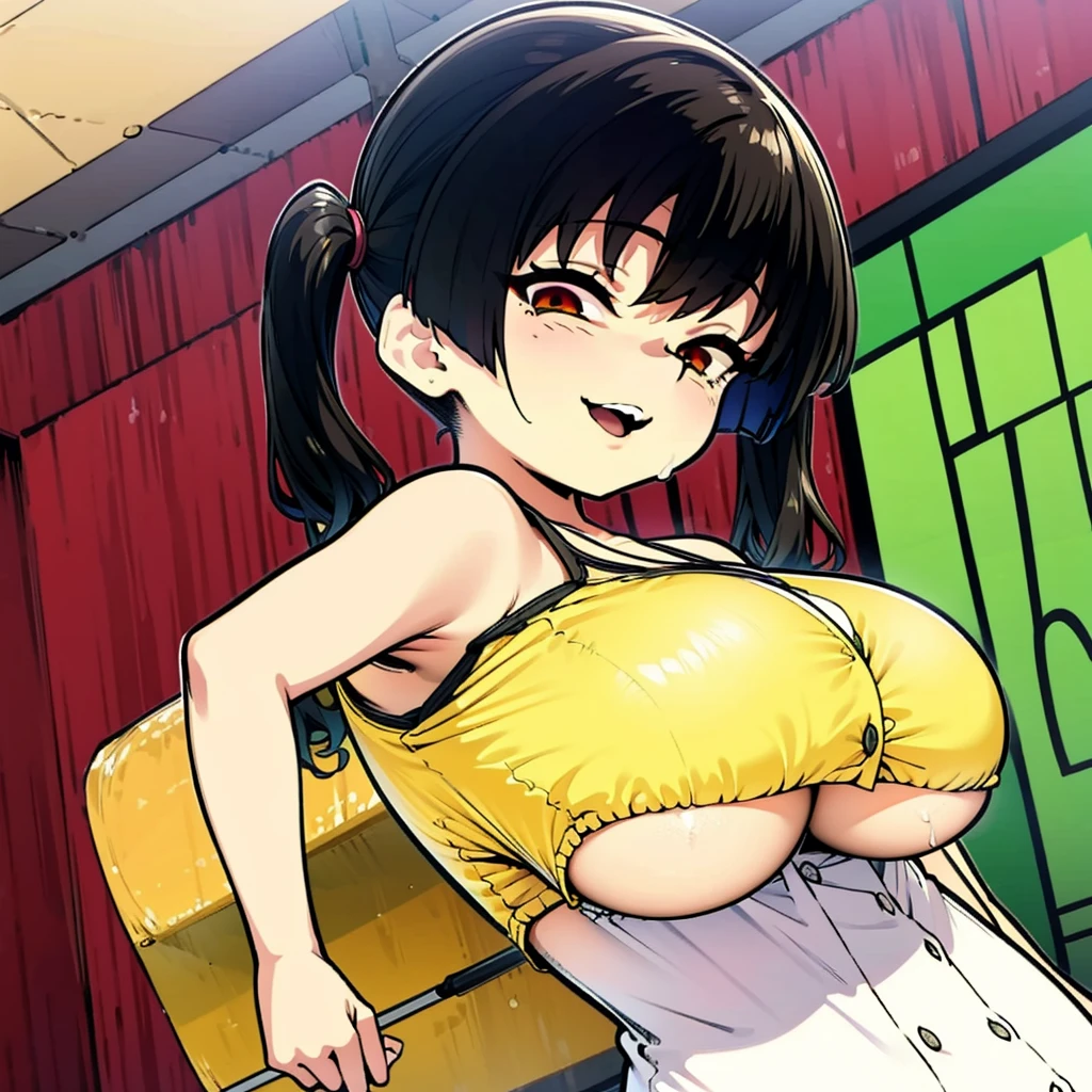 gesugaoでtitfuckをするsasaki kanna, Yellow Tank Top, underboob, Sweat, Black hair twin tails, Guess face, smile, crazy Smile, 勝ち誇ったsmile, Pushing her big breasts together, Her body is like that of a slender elementary school student, but her breasts are large.