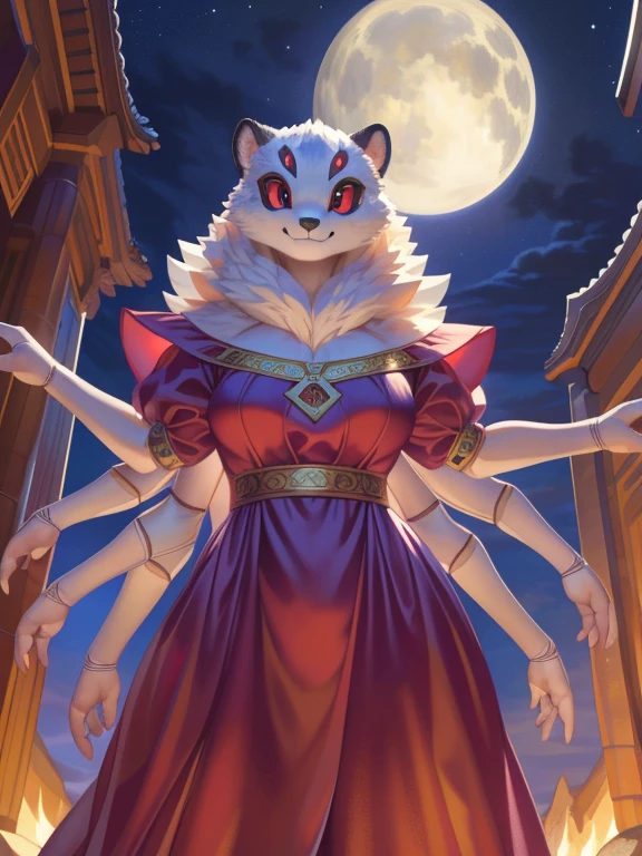 solo, anthro, furry, furry female, spider,((chitin,insectoid, smooth chitin, opaque carapace)), (white spider), black pupils, white sclera, white body, white chitin, red eye, tail, detailed  fur, detailed face, detailed eyes, bare chest, (dolman sleeves dress), temple, (by null-ghost,by raccoon21, masterpiece, high quality, hi-res, 8k, hd, half-light), standing,close-view portrait, looking at viewer, night, gleeful expression, smiling, dynamic pose, Female spider, white chitin, red eyes, four eyes, multiple eyes, dolman sleeves dress, four arms, small breasts, weaving