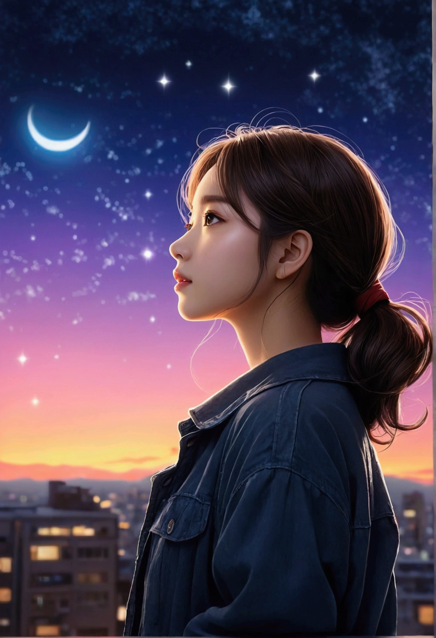 One girl, Realistic, score_9, score_8_superior, score_7_superior, score_6_superior, score_5_superior, score_4_superior glowing frame, Backlightの色, silhouette colors, Space Frame, beautiful woman in a frame, silhouette, Backlight, Vibrant,Magical Night Sky, figure, soft, beautiful, dream-like, Realistic, Professional, Simple, Twinkling night sky, Very detailed, Super detailed, figure, Half-finished sketch, Half colored sketch, anime, masterpiece, Bright colors, High Contrast, Vivid lighting, dark backgroundSimple background,singer