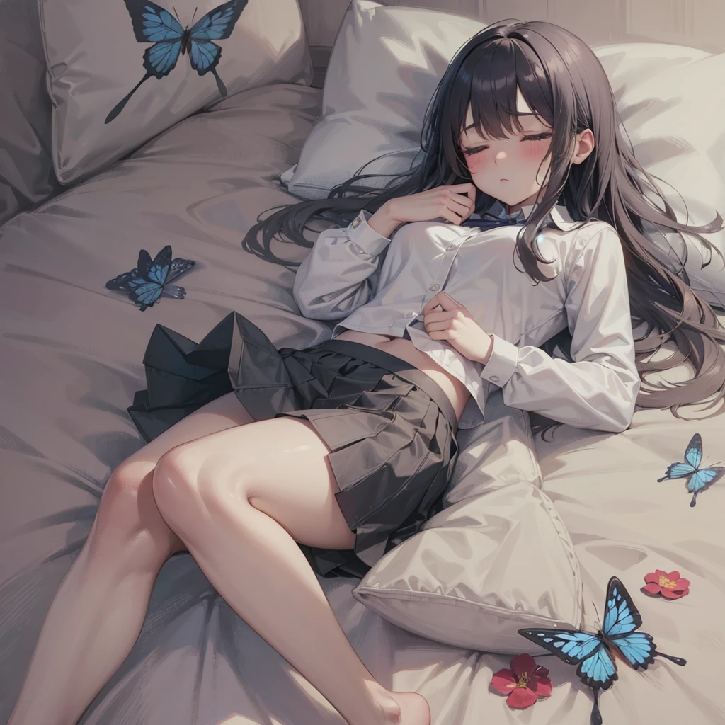 a cute girl sleeping on bed, long hair, ((wearing a skirt)), blushed and sleepy face, UHD, masterpiece, anatomically correct, textured skin, super detail, high quality, best quality, highres, 8k, pillow, flowers. particals,butterfly.