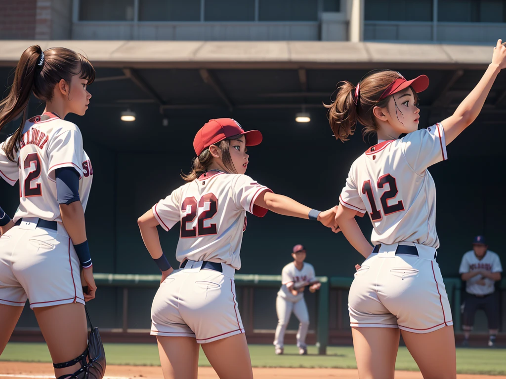 Highest quality、High resolution、Detailed Background、Beautiful Face、High detail、(Perfect Anatomy, Perfect Style)、(Detailed facial expressions)、(fine grain:1.2)、((One Girl))、Young college student、 (open stance:1.2),  (shoot from behind:1.2), ((looking away:1.2)), Stand in the batter's box, Pointing at the stands with a bat, preview home run、During a baseball game on the ground、