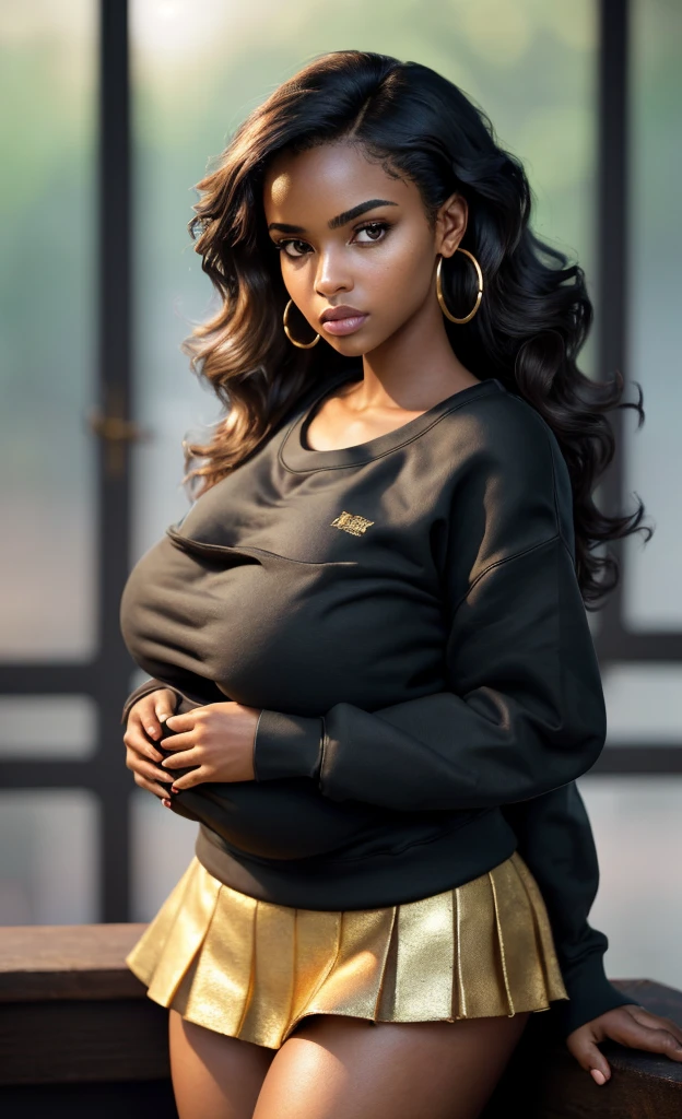(masterpiece), (extremely intricate:1.3), (realistic), portrait of a black girl, huge and perfect breasts, heaving bosom, the most beautiful in the world, dark eyebrows, wavy brunette hair, doe eyes, innocent look, (wearing sweatshirt:1.1), mini skirt, thick thighs, detailed textures, upper body, classroom, heavy makeup, gold hoop earrings, extra breasts, professional photograph of a stunning woman detailed, looking at the camera, alluring stare, detailed eyes, sharp focus, dramatic, award winning, cinematic lighting, octane render unreal engine, volumetrics dtx, (film grain, blurry background, blurry foreground, bokeh, depth of field, motion blur:1.3)