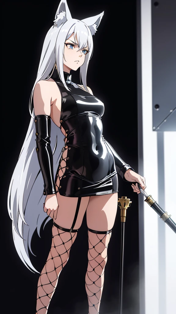 1girl ,solo,20s,mature female,serious face,white hair,long hair,fox ears,(simple background),white latex dress, sideless outfit, arm guards, latex thighihighs, fishnets, cross-laced clothes