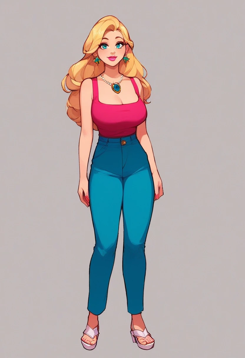 rose, 1girl, solo, long hair, smile, blonde hair, large breasts, simple background, jewelry, standing, full body, earrings, pants, cyan eyes, makeup, sandals, blue pants, cyan tank top, star brooch necklace, pink upper lip, lipstick, yellow eyelids, yellow, eyebrows, silver earrings, white sandals