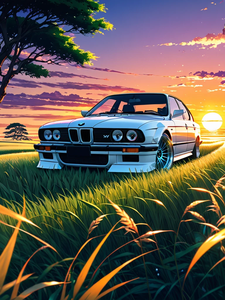 anime landscape of A pearl super white pearl classic BMW M5 2023 sport sits in a field of tall grass with a sunset in the background.beautiful anime scene, beautiful anime peace scene, Makoto Shinkai Cyril Rolando, beautiful anime scene, amazing wallpaper, anime art wallpaper 8k, anime background, artistic anime background, anime wallpaper 4k, anime art 4k wallpaper, anime wallpaper art 4k,