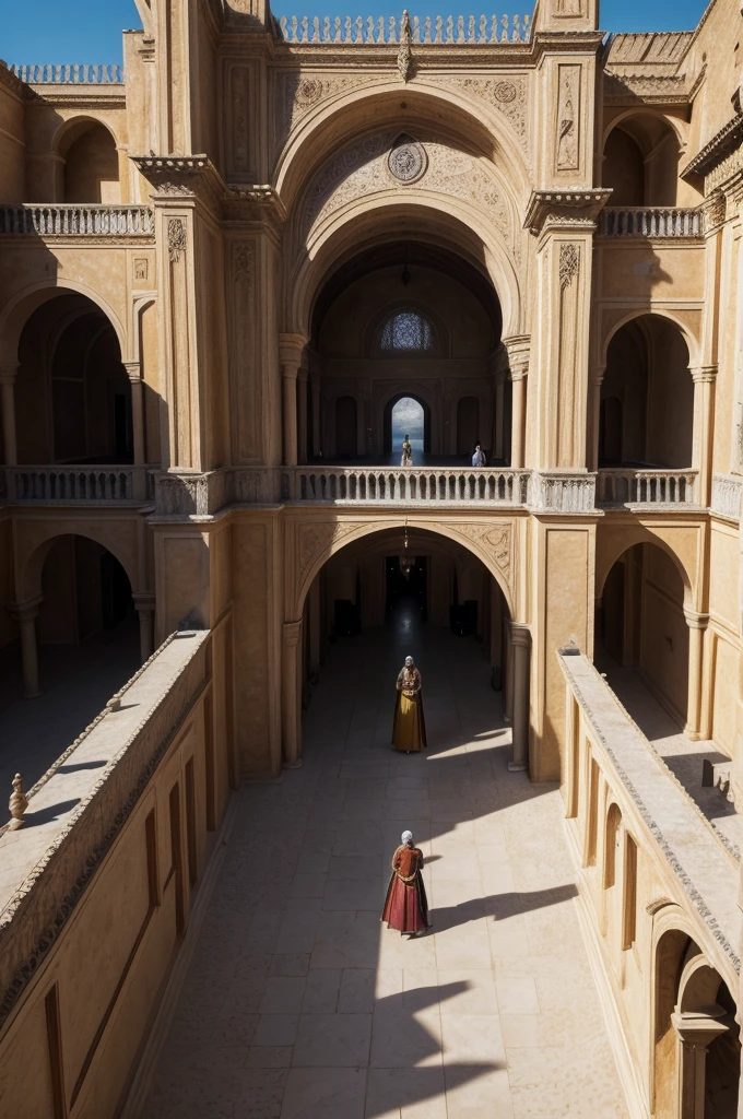 Reino Mediovale , located in a desert, Mediovale, kingdom of Dorne from Game of thrones (TV series), reino Mediovale,high détail, sharp focus, Dramatic, Alcazar Palace in Seville, realisitic, viewed from the top, with lords and ladies wearing colorful medieval clothes, warm colours