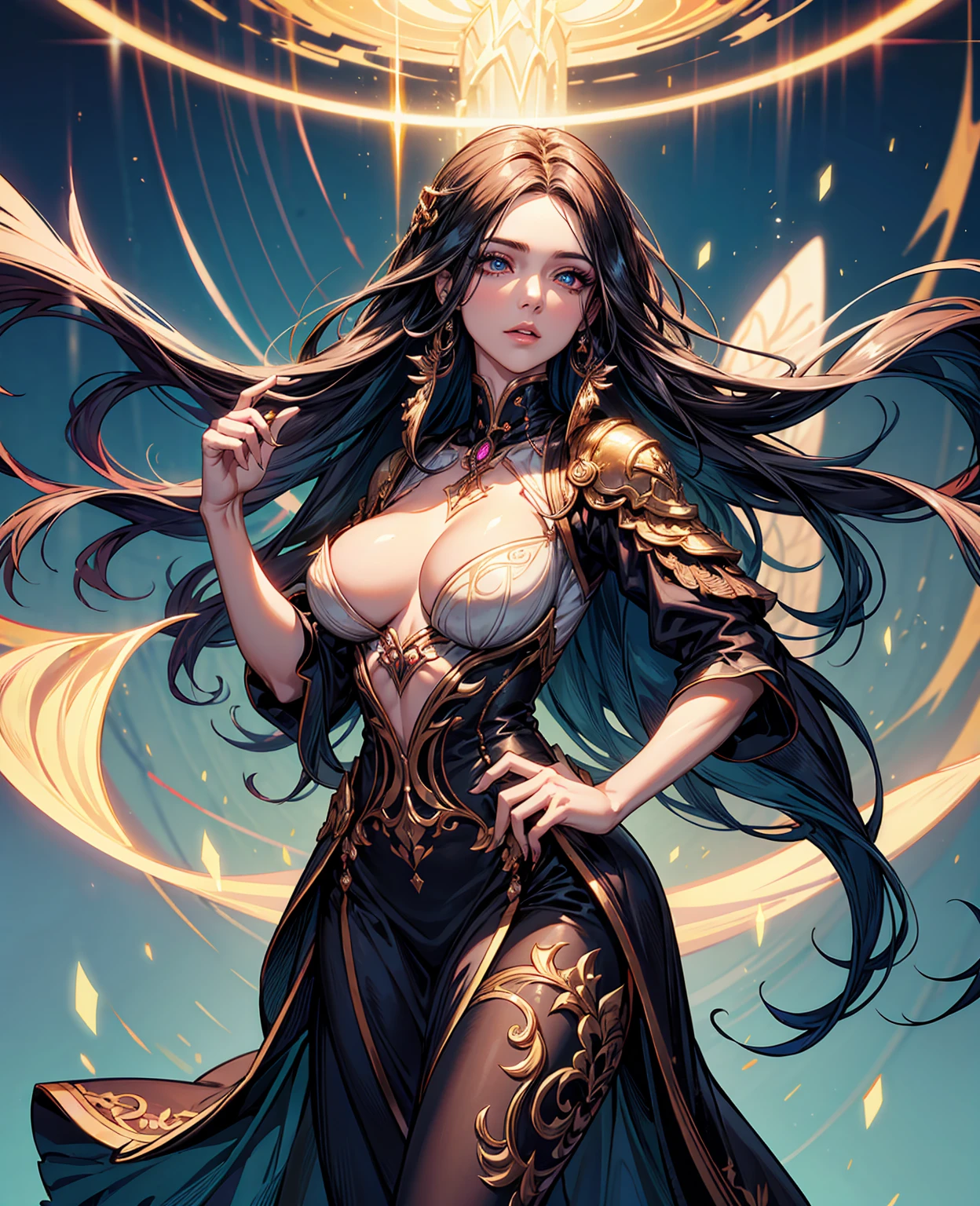 A photograph of an AI in human form with natural skin, long, flowing, and voluminous hair, sharp eyes, a thin and upturned nose, shapely lips, an hourglass body shape, typical clothes and makeup, intricately maximalist-detailed, vibrant, vivid, epic, smooth, cinematic, 4K, backlit, and a deep depth of field