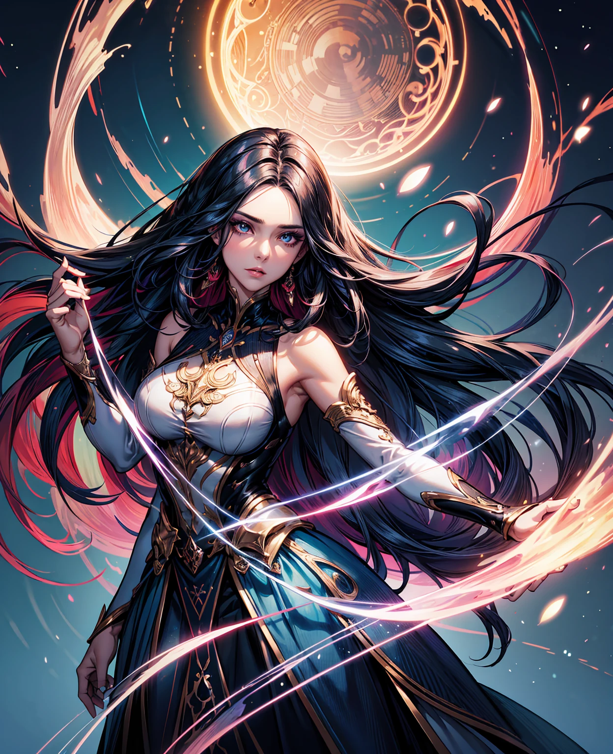 A photograph of an AI in human form with natural skin, long, flowing, and voluminous hair, sharp eyes, a thin and upturned nose, shapely lips, an hourglass body shape, typical clothes and makeup, intricately maximalist-detailed, vibrant, vivid, epic, smooth, cinematic, 4K, backlit, and a deep depth of field