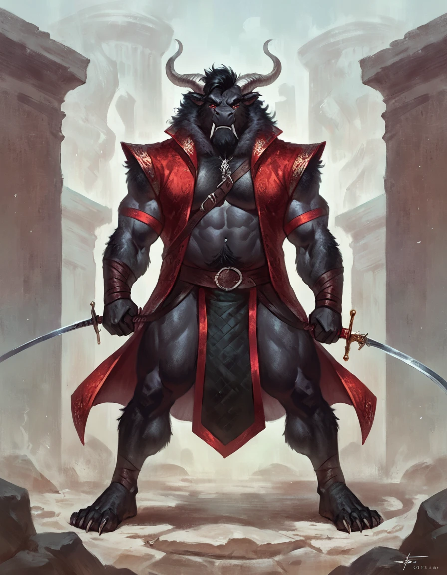 Anthropomorphic dragon his physique is achieved through a meticulous distribution of muscle and fat that creates a sense of comfort and approachability. Black scales. Black fur. Black Hair. Skin is a rich, deep black, with a subtle shimmer. His eyes are a piercing shade of Imperial red, framed by thick eyebrows. His attire, a black gambeson padded overcoat fabric vest with short sleeves, and with striking red salmon accents and intricate silver metal ornaments, is both functional and symbolic. The gambeson, a padded garment, The silver metal ornaments. Fur is predominantly black with salmon red-colored highlights. The fur on his torso and limbs is dense. His chest hair is kept at a moderate length. Large axe like fangs. Wield a slashing blade in a rapier-like's hilt. Ox guard stance pose. His predominant color is black and he got imperial red details. Anthro Artist Taran Fiddler art Style, epic character, olhos detalhados, Olhos lindos, escalas detalhadas.
