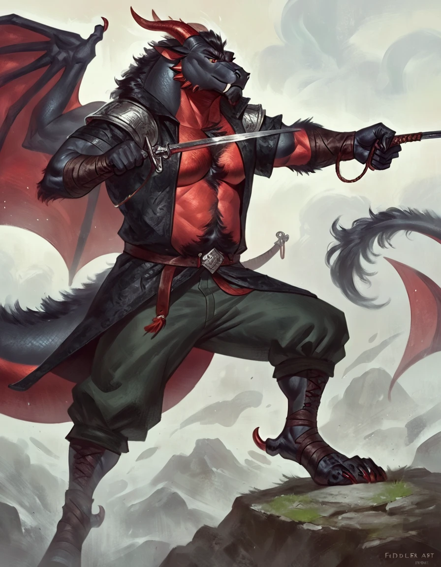 Anthropomorphic dragon his physique is achieved through a meticulous distribution of muscle and fat that creates a sense of comfort and approachability. Black scales. Black fur. Black Hair. Skin is a rich, deep black, with a subtle shimmer. His eyes are a piercing shade of Imperial red, framed by thick eyebrows. His attire, a black gambeson padded overcoat fabric vest with short sleeves, and with striking red salmon accents and intricate silver metal ornaments, is both functional and symbolic. The gambeson, a padded garment, The silver metal ornaments. Fur is predominantly black with salmon red-colored highlights. The fur on his torso and limbs is dense. His chest hair is kept at a moderate length. Large axe like fangs. Wield a slashing blade in a rapier-like's hilt. Ox guard stance pose. His predominant color is black and he got imperial red details. Anthro Artist Taran Fiddler art Style, epic character, olhos detalhados, Olhos lindos, escalas detalhadas.