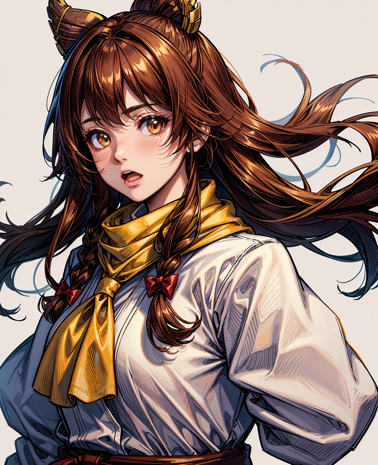 km, 1girl, ascot, blush, bow, brown eyes, brown hair, hair bow, hair tubes, japanese clothes, long hair, mittens, nontraditional miko, one-hour drawing challenge, open mouth, portrait, red bow, red mittens, scarf, sidelocks, simple background, solo, white background, yellow ascot, yellow scarf