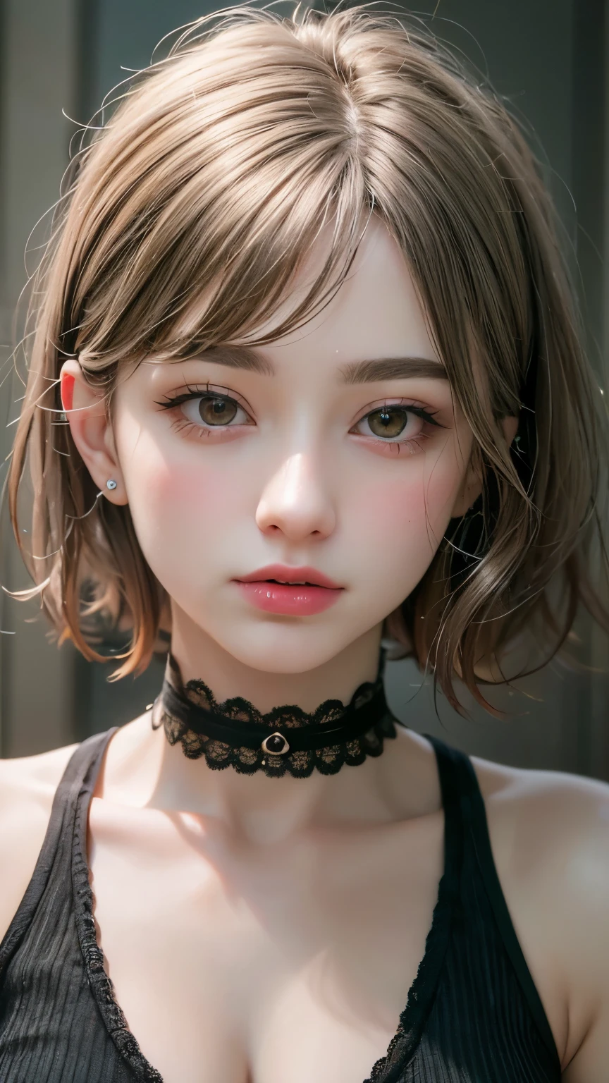 Masterpiece hyperrealist & Photorealistic beautiful girl, Realistic Skin (Pore-filled skin) Short Bob Cut Hair, Realistic red lips,Punk Girl, (head shot:1.5),Shorts