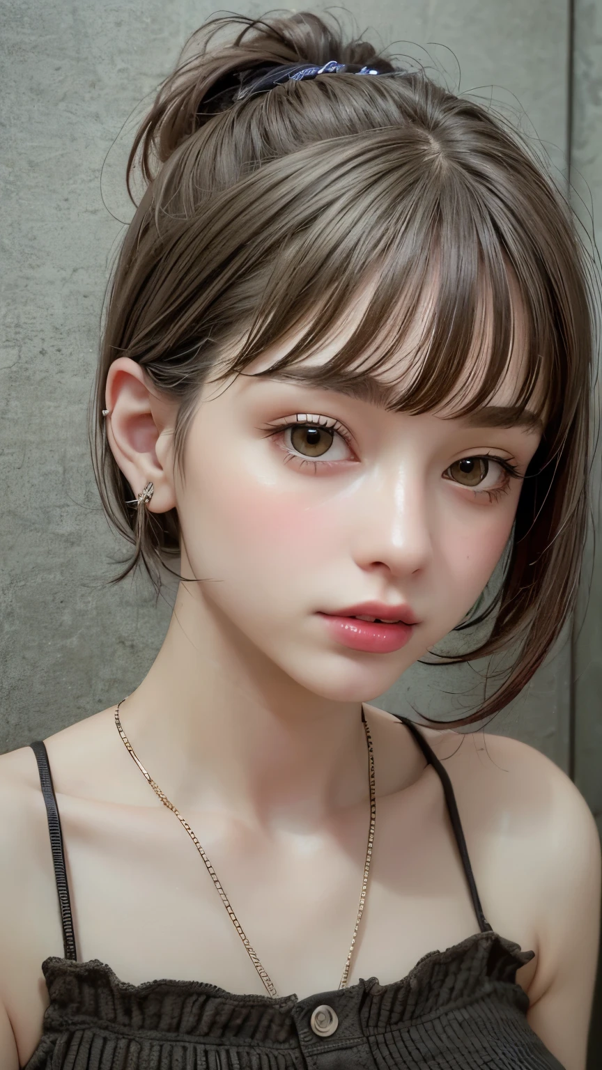 Masterpiece hyperrealist & Photorealistic beautiful girl, Realistic Skin (Pore-filled skin) Short Bob Cut Hair, Realistic red lips,Punk Girl, (head shot:1.5),Shorts