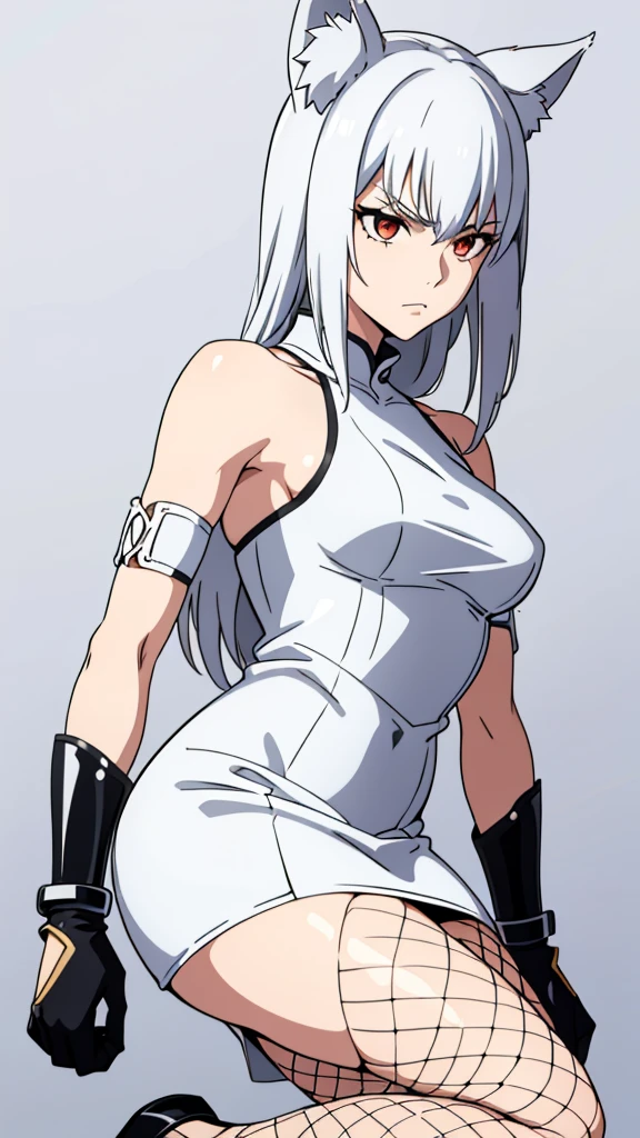 1girl ,solo,20s,mature female,serious face,white hair,long hair,fox ears,(simple background),white latex dress, arm guards, fishnets