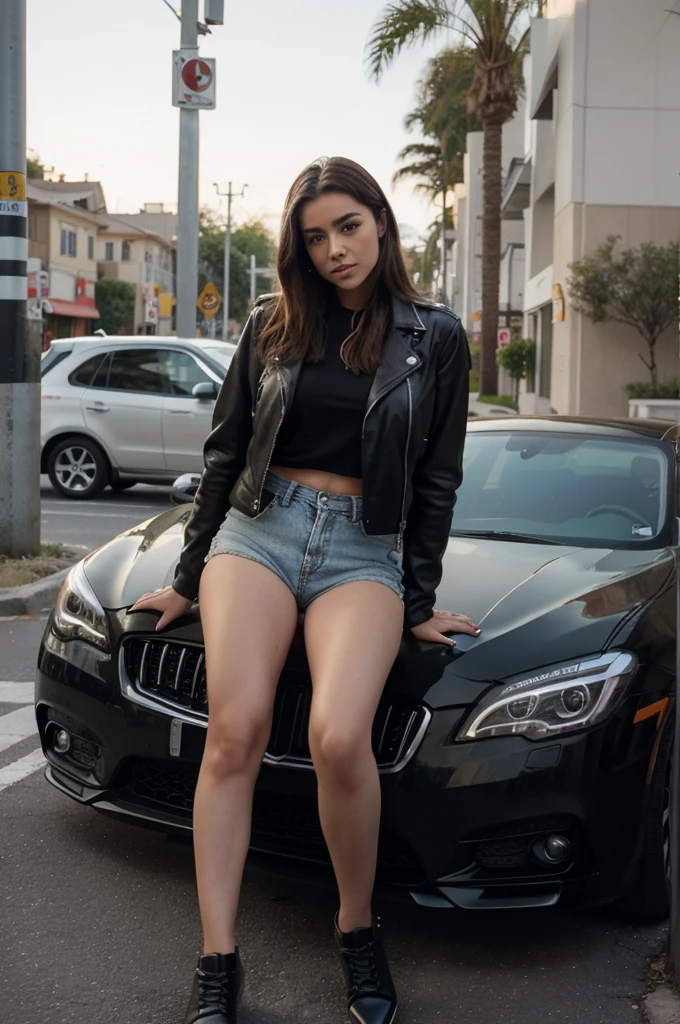 arafa woman with black leather jacket next to a black car, em frente a uma garagem, on a parking lot, outside in the parking lot, sitting in her car, brown hair and a perfect body, at a street, touching her clothes, dressed in short leather jacket, at a street da cidade, sexy girl, perfectly proportioned