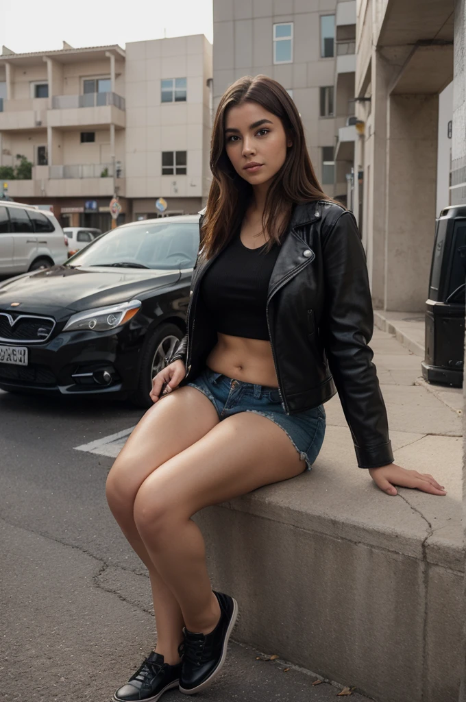 arafa woman with black leather jacket next to a black car, em frente a uma garagem, on a parking lot, outside in the parking lot, sitting in her car, brown hair and a perfect body, at a street, touching her clothes, dressed in short leather jacket, at a street da cidade, sexy girl, perfectly proportioned