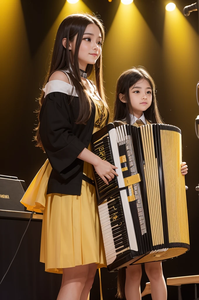 In shades of yellow with honey elements make students of all ages win prizes on stage with musical performances, happy and teacher admiring them with indigenous brunette features with long straight hair next to an accordion 