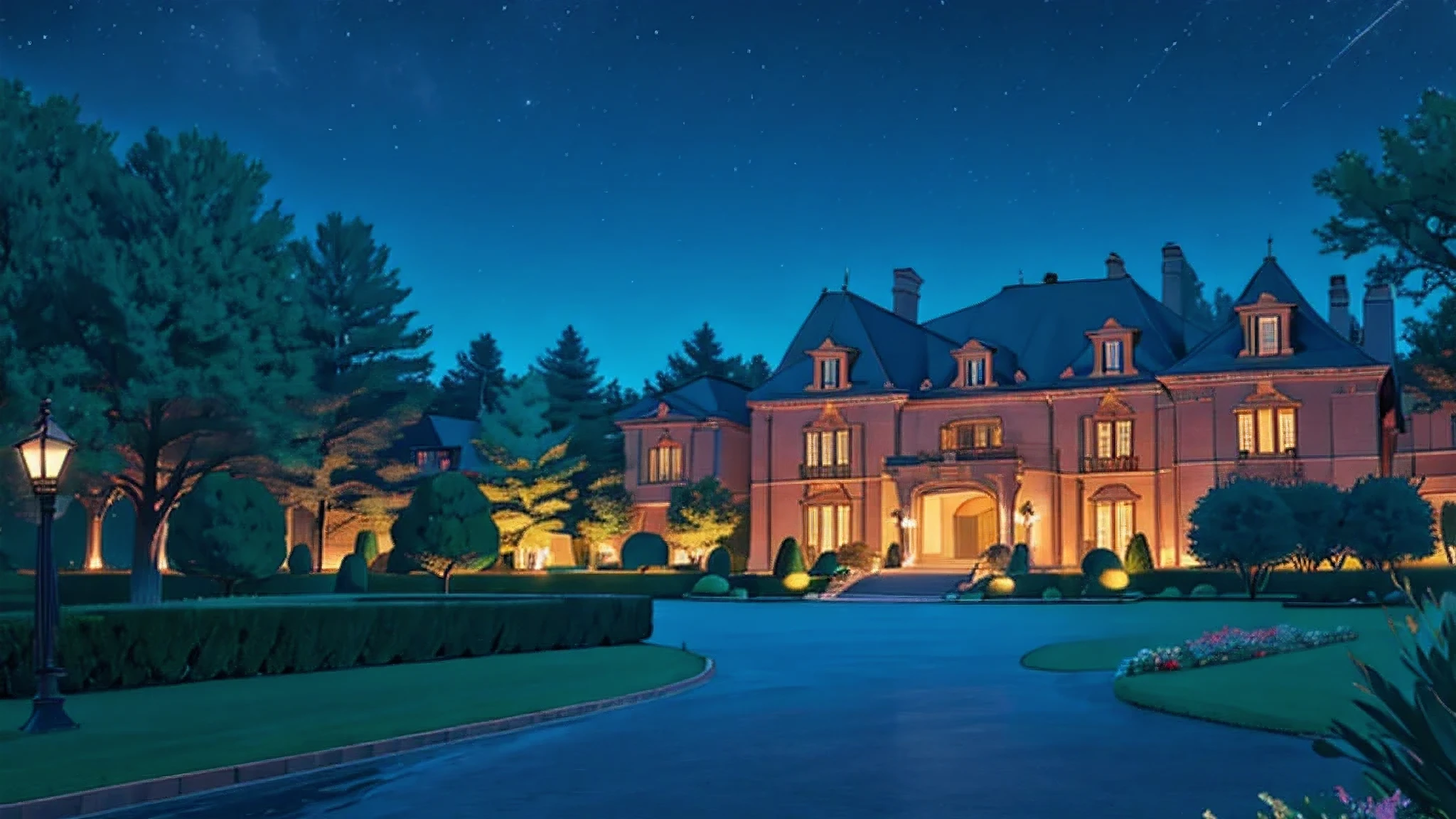 a luxurious billionaire mansion at night, no humans, no persons