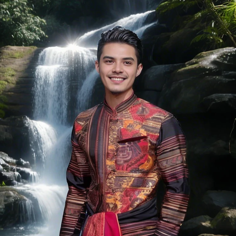 Haraf man, a Southeast Asian man with a round face., Mohawk hair, The face is bright and shiny., Double eyelids, Big eyes, black eyes, has exceptionally black hair, pitch black, In the background is a large waterfall., The evening sun shines beautifully.,  David Marquez, Andrew Gonzalez, A thin man with light tan skin., inspired By Robbie Trevino, Headshot profile picture, inspired By Adam Dario Kiel, Christian Orrillo, Daniel Mirante, By Adam Dario Kiel, By Robbie Trevino, Rick Dai, Joel Torres, with mountains as the background