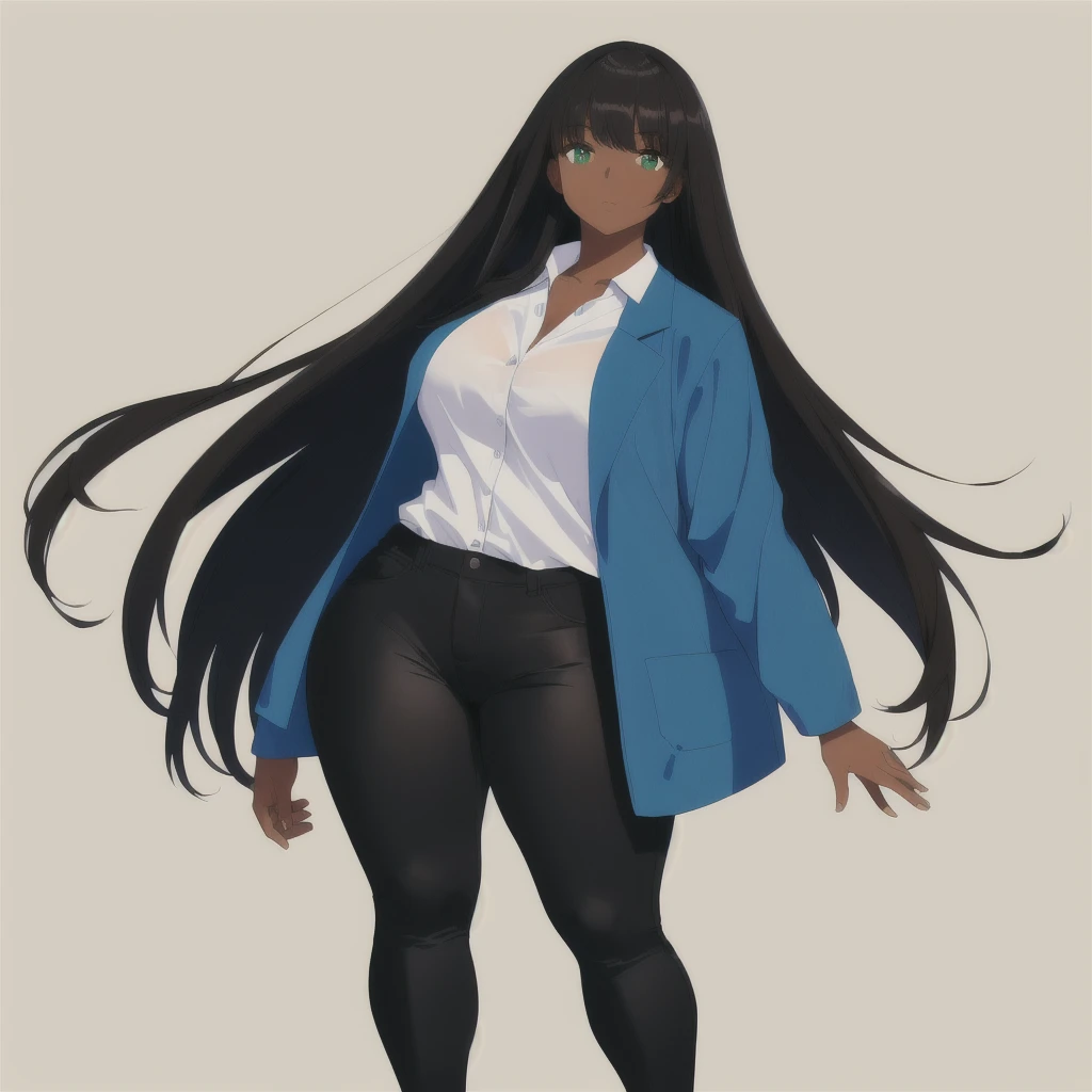 Masterpiece, of the highest quality,1 girl,Dark skin,BROWN SKIN,big body,attractive body,Wide hips,wide thighs,big ass,long black hair,eye hidden by bangs,green eyes,Blue jacket,White shirt,Black pants,blue shoes,