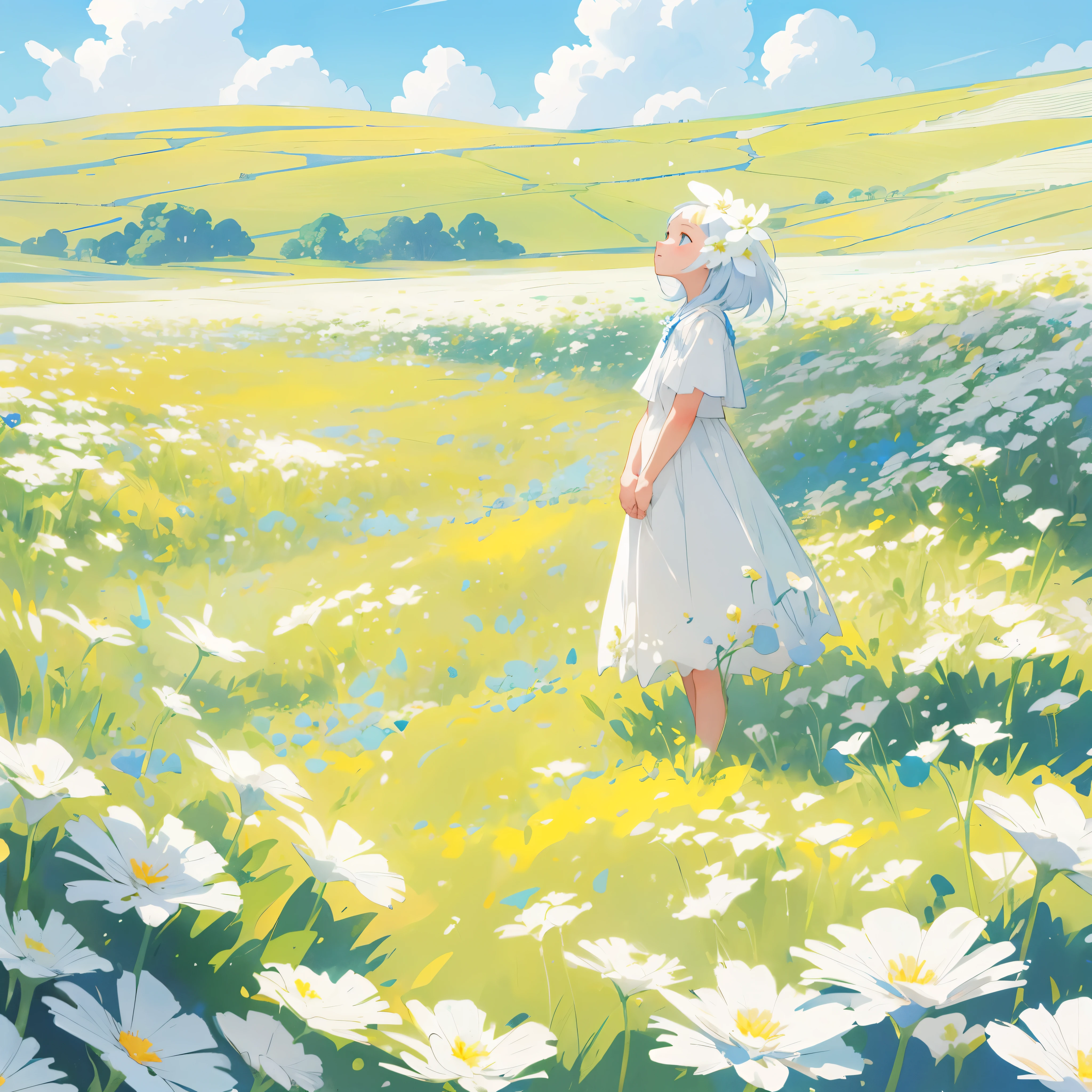 Wide open field of white flowers landscape photo, A girl stands in a flower field and looks up at the blue sky, Art Graphic Art