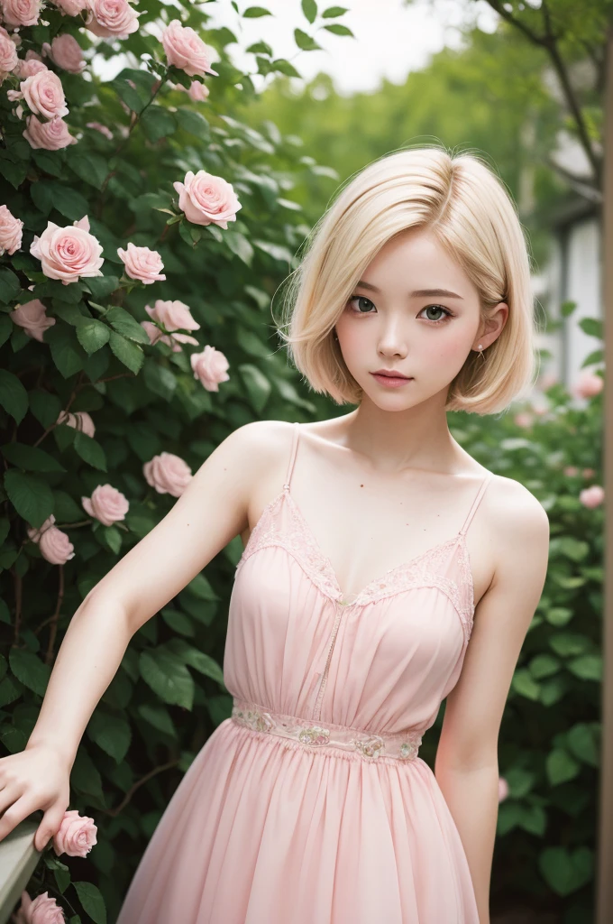 8k, CRU photo, Fujifilm, style photo of a beautiful young woman like Avril in a light pink rose garden (highly detailed skin: 1.2) Style-Petal BREAK short hair, blonde hair with colored highlights, wearing a dress, film grain, 35mm, cute style