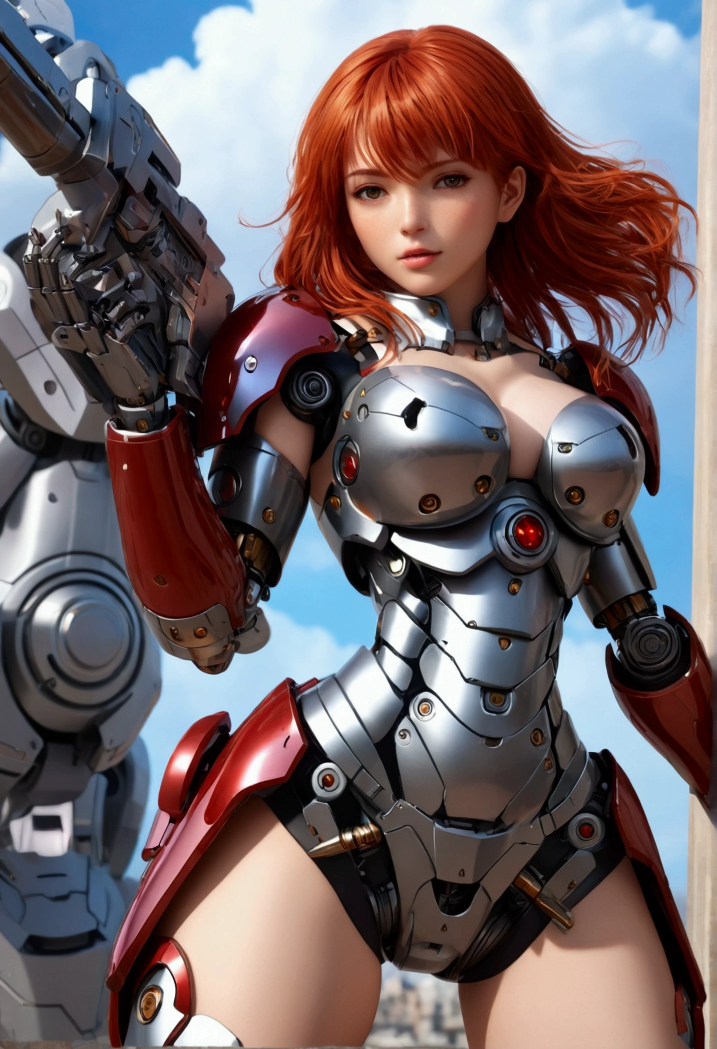 (((best quality))),(((ultra detailed))),(((masterpiece))), Beautiful older Anime girl with red hair, big, tits, robotic armor, bare legs, huge gun
