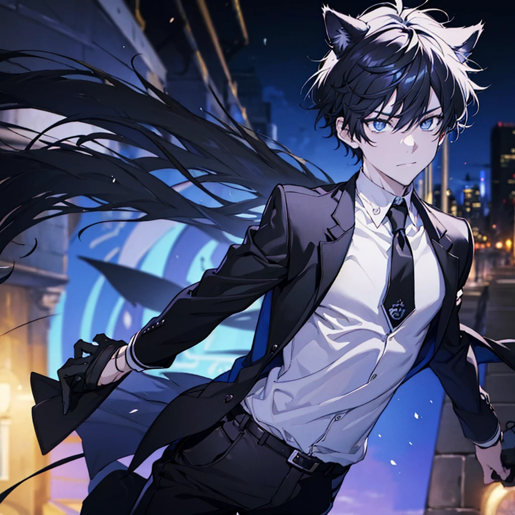 1cat boy, anime cat boy with black cat ears black hair and black pants and a black jacket, blue eyes, city, absurdres, high res, ultrasharp, 8K, masterpiece, looking at viewe