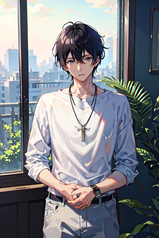 1boy, apple, bag, bangs, berry, black hair, black shirt, blue eyes, hair between eyes, jewelry, leaf, looking at viewer, male focus, necklace, pants, shirt, solo, watch, white pants, wristwatch, messy hair, trending on artstation, 8k resolution, highly detailed, anatomically correct, sharp image, digital painting, concept art, trending on pixiv, style of makoto shinkai,