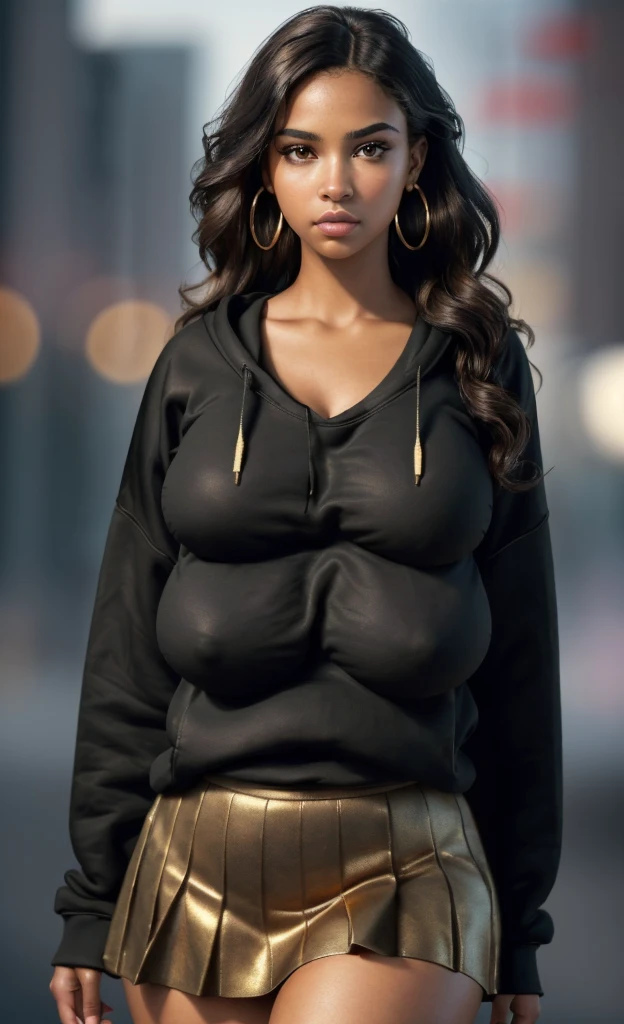 (masterpiece), (extremely intricate:1.3), (realistic), portrait of a black girl, huge and perfect breasts, heaving bosom, the most beautiful in the world, dark eyebrows, wavy brunette hair, doe eyes, innocent look, (wearing sweatshirt:1.1), skirt, thick thighs, detailed textures, upper body, classroom, heavy makeup, gold hoop earrings, extra breasts, professional photograph of a stunning woman detailed, looking at the camera, alluring stare, detailed eyes, sharp focus, dramatic, award winning, cinematic lighting, octane render unreal engine, volumetrics dtx, (film grain, blurry background, blurry foreground, bokeh, depth of field, motion blur:1.3)