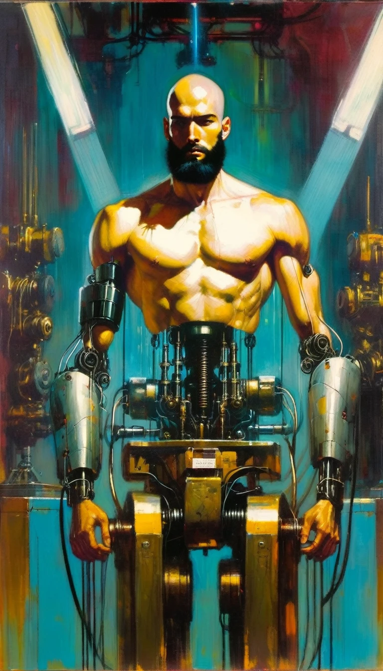 bald young man with black beard and very thin, robotic torso, robotic arms, robotic parts, plugged into machinery, recharging, (art inspired by Bill Sienkiewicz). oil painting)