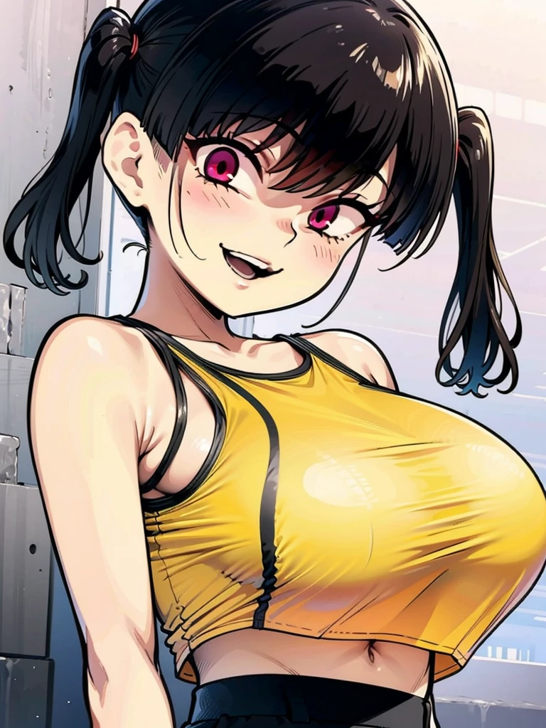 Sasaki Kanna shows off her big tits while playing gesugao, Yellow Tank Top, underboob, Sweat, Black hair twin tails, Guess face, smile, crazy Smile, 勝ち誇ったsmile, Pushing her big breasts together, Her body is like that of a slender , but her breasts are large.