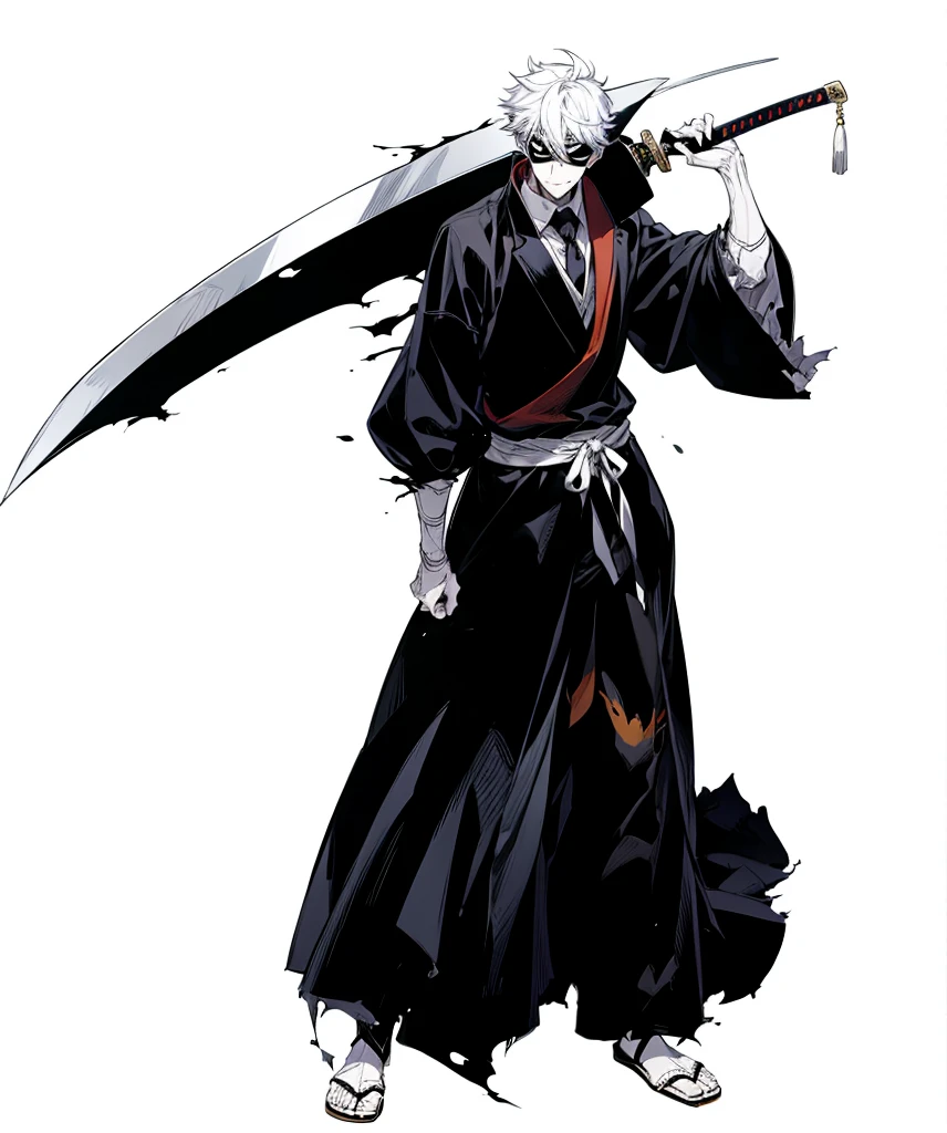 In Yusuke Murata style, Hold the pose, but draw with flat colors, cel shading, limited color palette and simplified lighting. Draw for me, um shinigami, with a sword, He wears a white mask with a drawing of a grim reaper, in the middle of his chest there is a hole, your skin is white your clothes are old and torn, rainbow hair