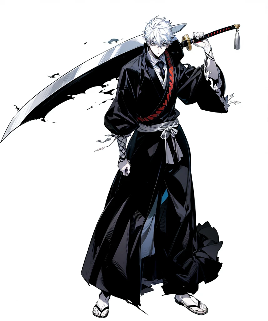 In Yusuke Murata style, Hold the pose, but draw with flat colors, cel shading, limited color palette and simplified lighting. Draw for me, um shinigami, with a sword, He wears a white mask with a drawing of a grim reaper, in the middle of his chest there is a hole, your skin is white your clothes are old and torn, rainbow hair
