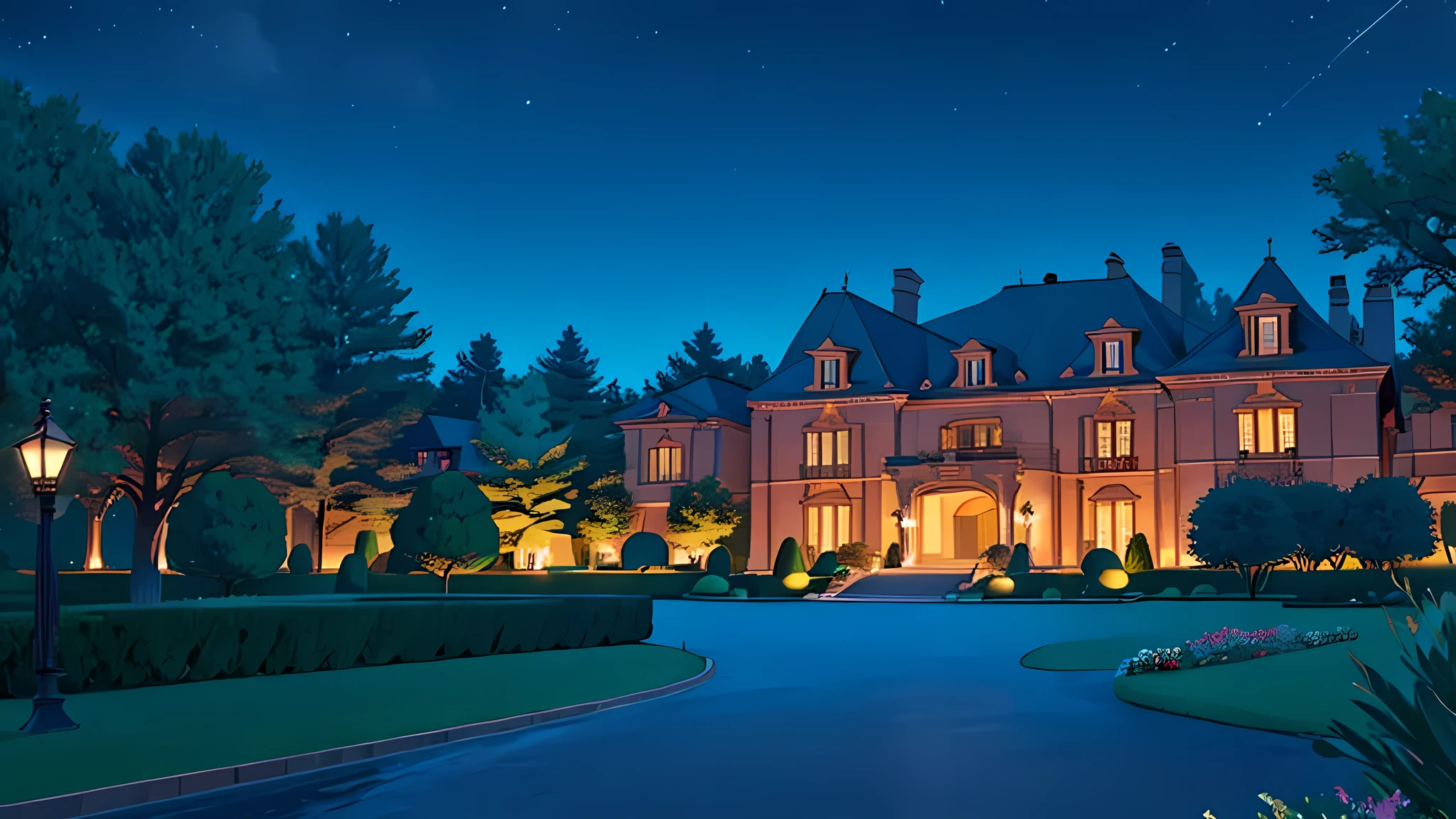 a luxurious billionaire mansion at night, no humans, no persons